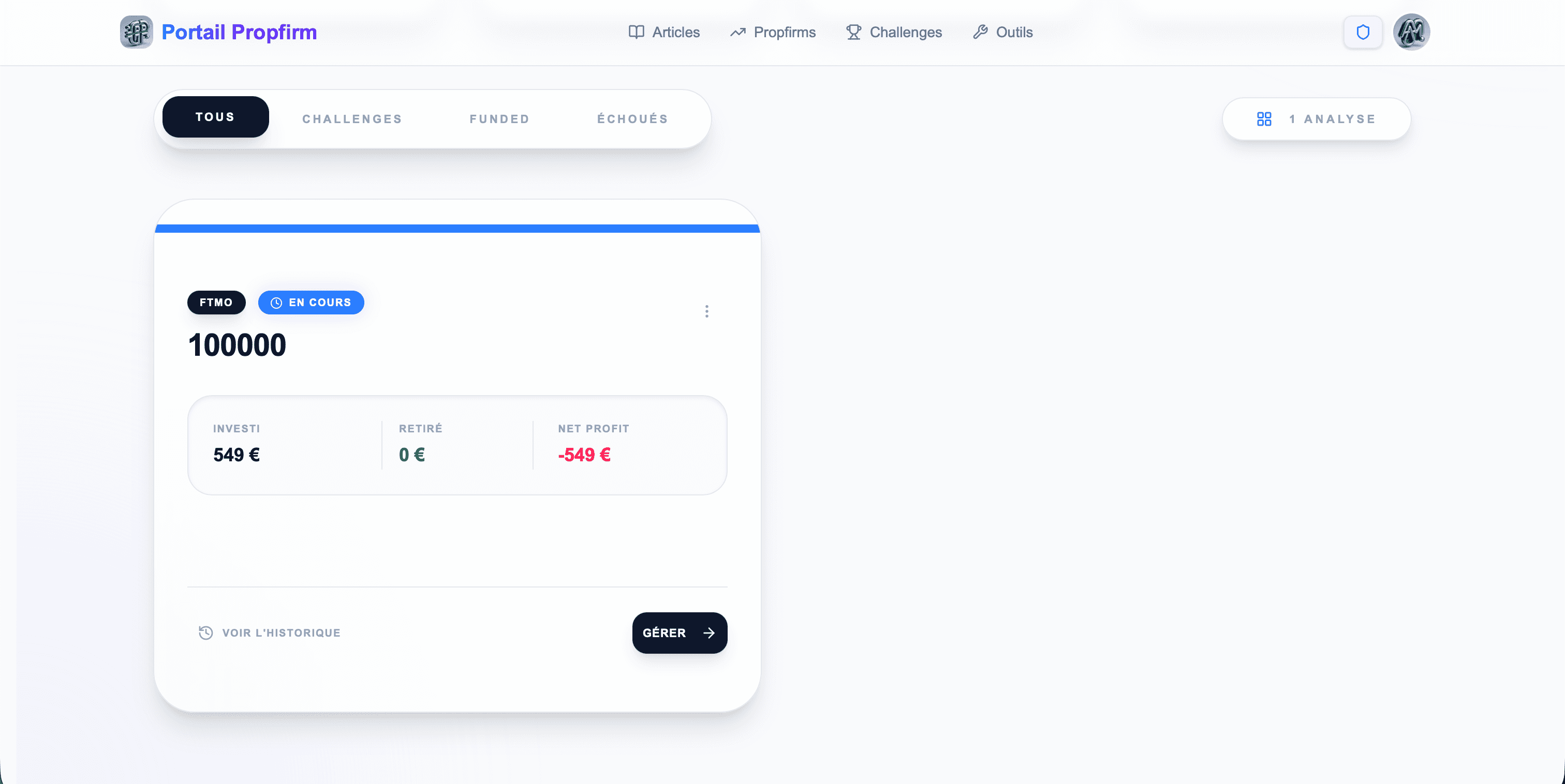 Dashboard principal montrant la vue des comptes